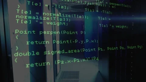 On start green C++ overlay scrolling along server corridor showing network Stock Footage 319682287