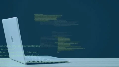 On start green code emerging beside laptop, shifting, trailing, dropping, Stock Footage 335316727