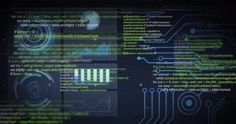 At start green code lines streaming over dark grid widgets while dial pulsing Stock Footage 317407304