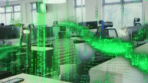 On start green code overlay appearing over office desks, cascading Video stock 335235248