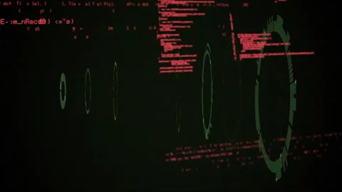 At start green interface rings rotating receding and returning while red code Stock Footage 311663553