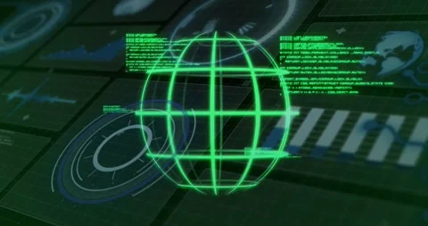 On start green wireframe globe appearing, radar rotating, text blocks Stock Footage 329711229