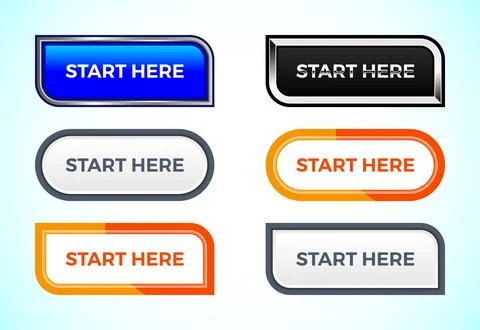 Start here button set of different shapes and colors. Suitable for mobile a.. Illustrazione stock
