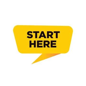 Start Here button, sign, label, icon. Yellow color. Black text. Stock Illustration