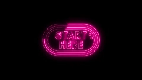 Start here neon sign animated glowing pink light on black background Stock Footage 312333258