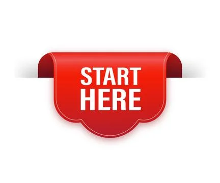 Start here red ribbon isolated on white background. Red label, banner for any Stock Illustration