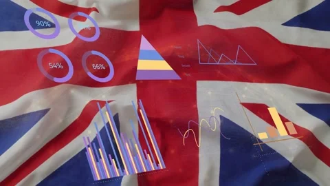 On start holo charts appearing on Union Jack flag updating rings shifting bars Stock Footage 335282191