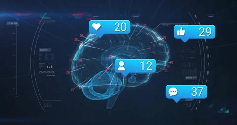 At start holographic brain rotating notification bubbles updating counts for Stock Footage 311083704