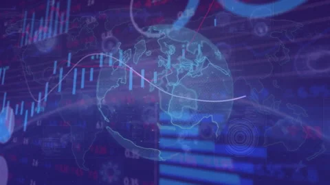 On start holographic globe rotating bars rising and line graph sweeping to Vídeo Stock 313307001
