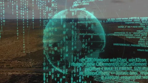 On start holographic wireframe globe emerging rotating east with orbiting code Stock Footage 310326452