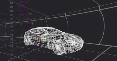 At start, HTML code fading and scrolling over wireframe car, building Stock Footage 320088961