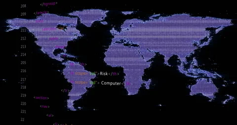 On start HTML code fading in left, purple world map shifting into matrix Stock Footage 312842471
