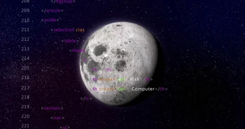 On start HTML code fragments scrolling upward while Moon rotating, showing Stock Footage 314744534
