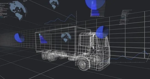 On start HUD elements appearing, wireframe cargo truck receiving overlays, Stock Footage 321783174