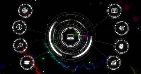 On start HUD laptop icon appearing rings rotating particles pulsing aura Stock Footage 310994216
