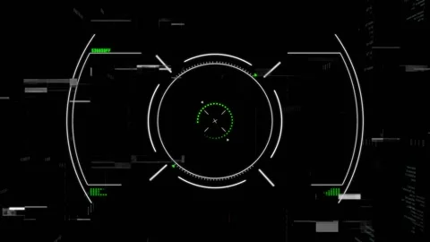 At start, HUD reticle rotating rings pulsing green arc, glitches flickering, Stock Footage 317607963