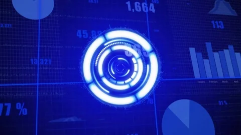 On start, HUD rotating, pulsing over blue grid, scanning arcs, updating bars for Stock Footage 331045391