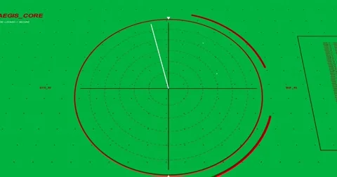 On start HUD white radial scanning clockwise, red arcs moving showing returns on Stock Footage 327352387