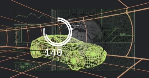 On start HUDs fading in, neon wireframe car staying center as counter climbing, Stock Footage 329931161