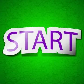 Start icon sign. Symbol chic colored sticky label on green background. Stock Illustration