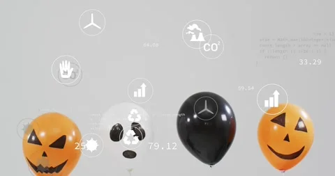 At start icons floating above four balloons orbiting while morphing metrics to Stock Footage 317773335