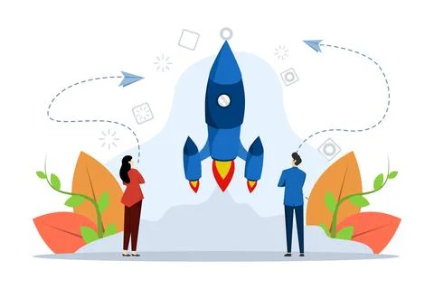 Start Up Idea Concept, Showing workspace building rocket like startup company. Ilustración de archivo