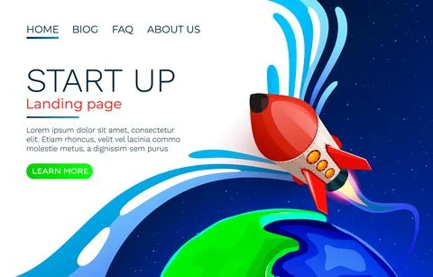 Start up idea Landing page screen, development technology, rocket banner. Vector 스톡 일러스트