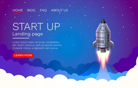 Start up idea Landing page screen, development technology, rocket banner. Vector Stock Illustration