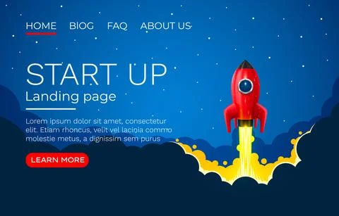 Start up idea Landing page screen, development technology, rocket banner. Vector Stock Illustration