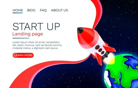 Start up idea Landing page screen, development technology, rocket banner. Vector Stock Illustration