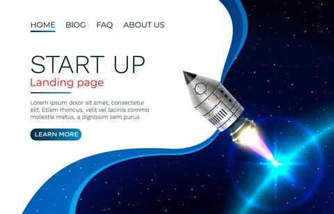 Start up idea Landing page screen, development technology, rocket banner. Vector Illustrazione stock