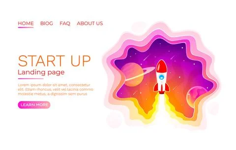 Start up idea Landing page screen, development technology, rocket banner. Vector Stock Illustration