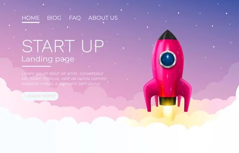 Start up idea Landing page screen, development technology, rocket banner. Vector Illustrazione stock