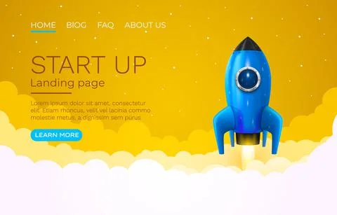 Start up idea Landing page screen, development technology, rocket banner. Vector Stock Illustration