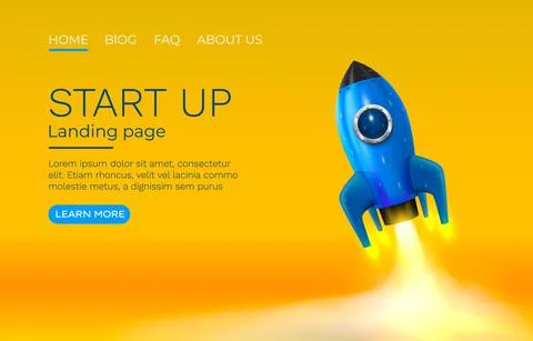 Start up idea Landing page screen, development technology, rocket banner. Vector 스톡 일러스트
