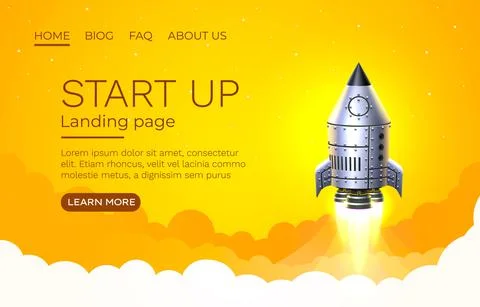 Start up idea Landing page screen, development technology, rocket banner. Vector Stock Illustration