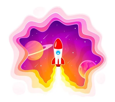 Start up idea Landing page screen, development technology, rocket banner. Vector Stock Illustration