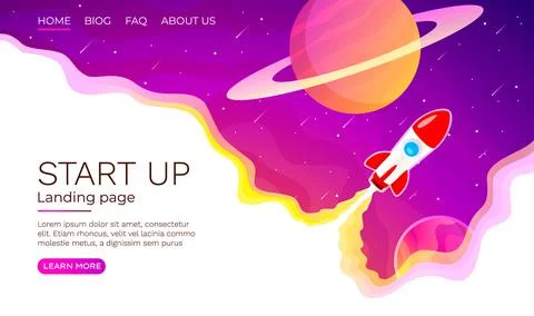Start up idea Landing page screen, development technology, rocket banner. Vector Stock Illustration