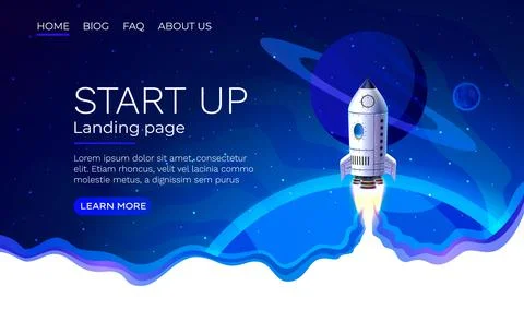 Start up idea Landing page screen, development technology, rocket banner. Vector 스톡 일러스트