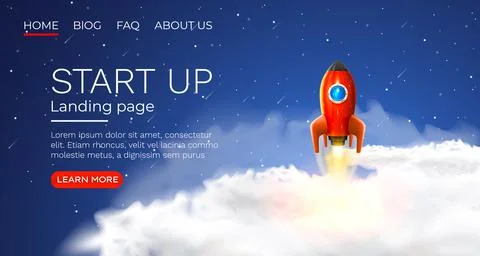 Start up idea Landing page screen, development technology, rocket banner. Vector Stock Illustration