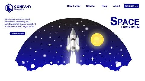 Start up idea Landing page screen, development technology, rocket banner. V.. Illustrazione stock
