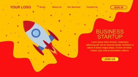 Start up idea Landing page screen, development technology, rocket banner. V.. Stock Illustration