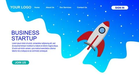 Start up idea Landing page screen, development technology, rocket banner. V.. Stock Illustration