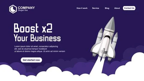 Start up idea Landing page screen, development technology, rocket banner. V.. Stock Illustration