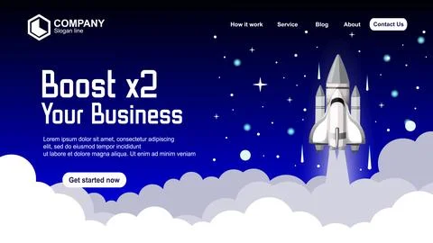 Start up idea Landing page screen, development technology, rocket banner. V.. Stock Illustration