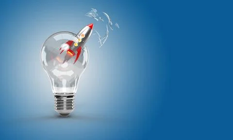 Start up illustration, rocket into the idea bulb, 3D rendering Stock Illustration