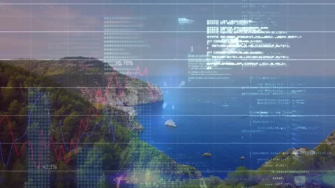 At start interface elements floating over forested cliff and cove, visualizing Stock Footage 310863933