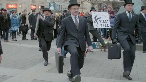 Start of International Silly Walk Day, Brno, Czech Republic Stock Footage 101104142