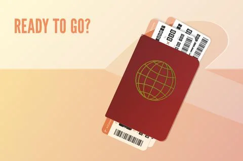 Start of Journey vector template. Two orange Air tickets in passport on check in Stock Illustration