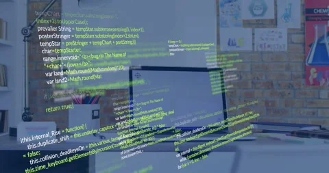 On start laptop blank while animated code sweeping across desk crossing screen Stock Footage 331176316